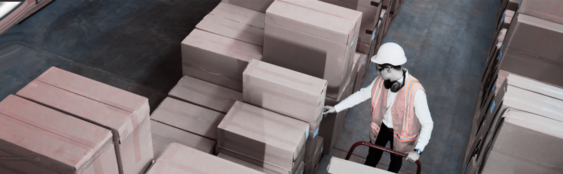 Warehouse worker with safety equipment managing logistics