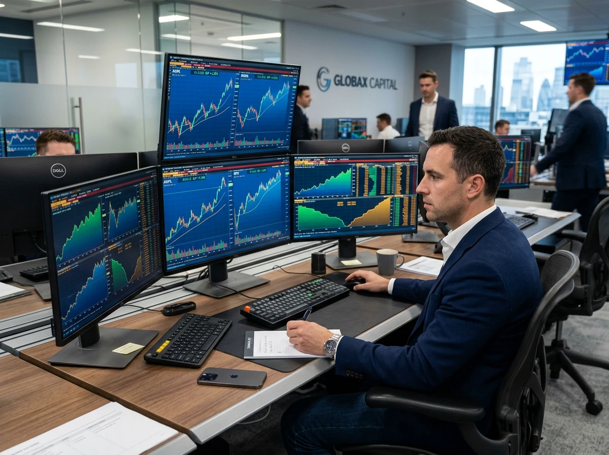 Stock market trading desk with financial charts