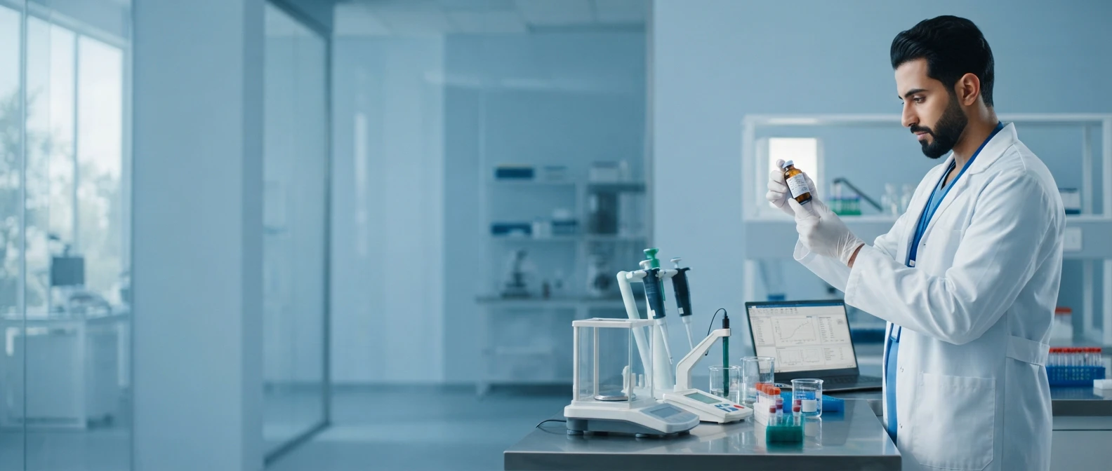 Pharmaceutical scientist examining medicine in a modern laboratory